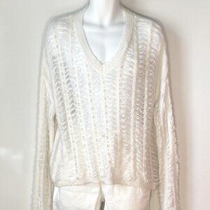 Lalavon. SZ L ivory wool blend  sheer woven weaved dressy sweater pearl details